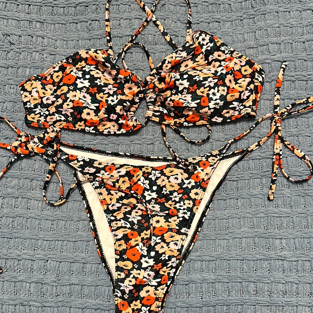 Zaful Floral Bikini Set in Black and Orange